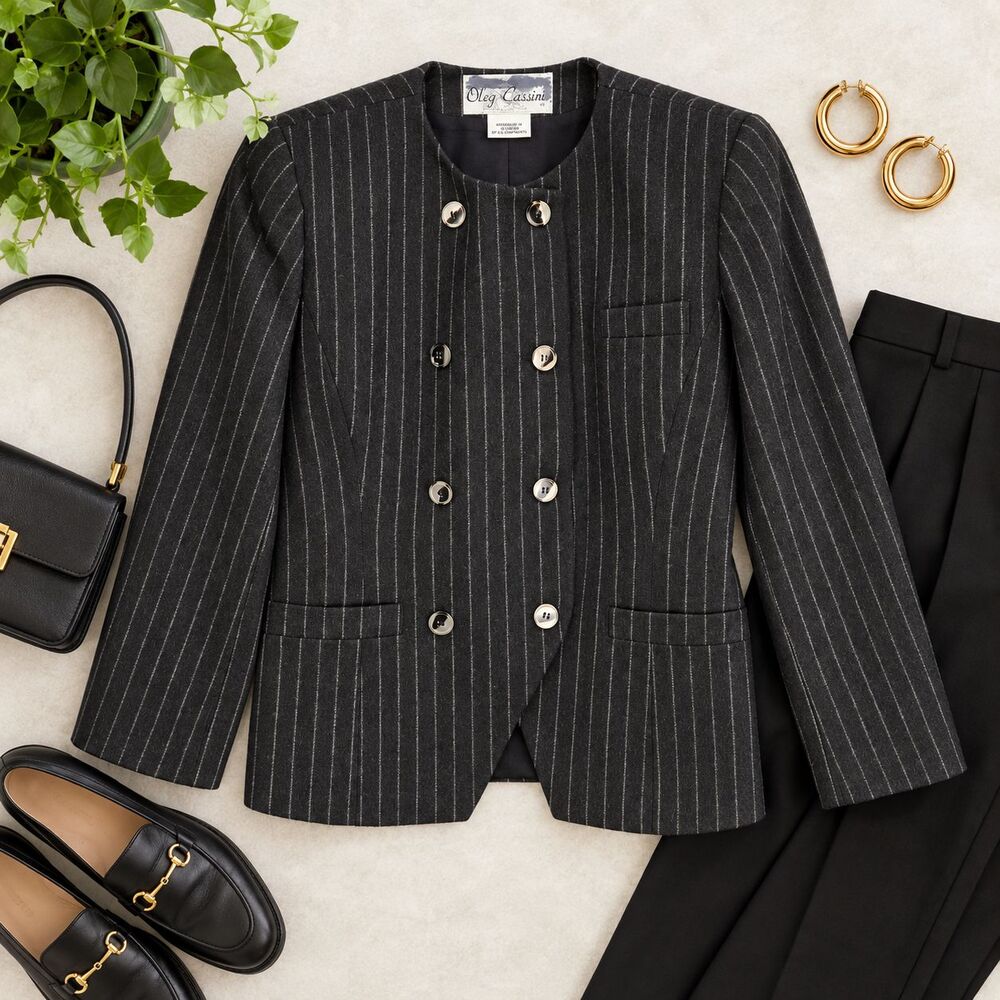 Oleg Cassini Vintage 1980s Pinstripe Double Breasted Blazer Jacket Size 8
